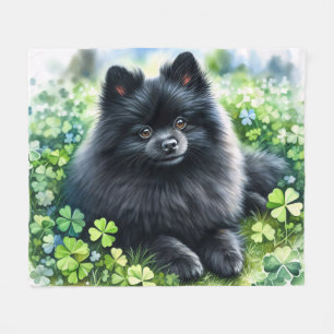 Couverture Polaire Aquarelle noir Poméranie verte Shamrock champ