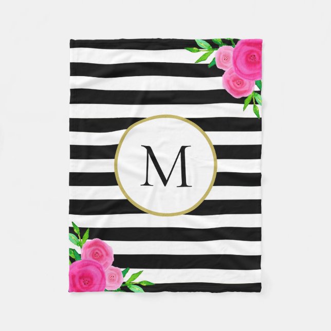 Couverture Polaire Aquarelle noire blanche rayée rose Monogramme flor (Devant)