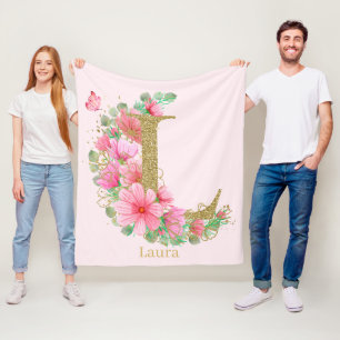 Couverture Polaire Aquarelle Or et Monogramme Floral Lettre L