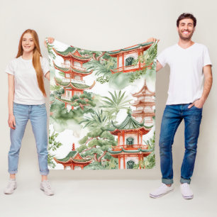 Couverture Polaire Aquarelle Pagode asiatique dans paysage verdoyant