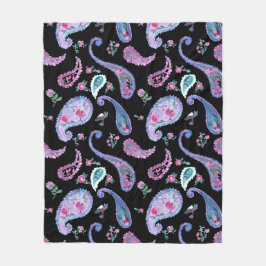 Couverture Polaire Aquarelle Paisley noir Lavande rose bleu