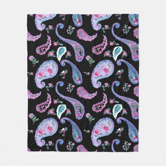 Couverture Polaire Aquarelle Paisley noir Lavande rose bleu (Devant)