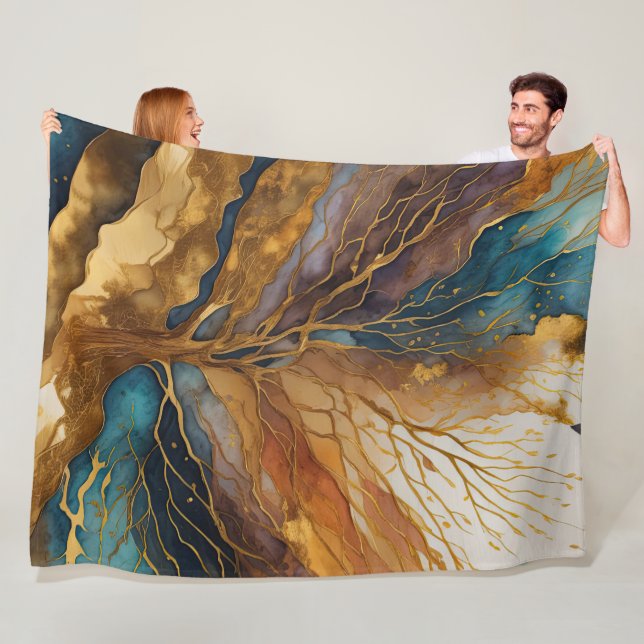 Couverture Polaire Aquarelle Paysage Abstrait Peinture Arbre d'or (En situation)