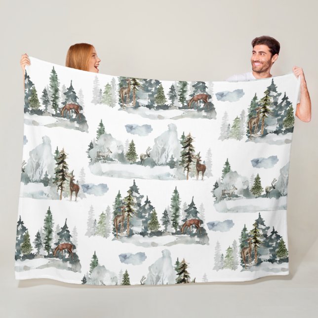 Couverture Polaire Aquarelle paysage hivernal Bois Reindeer forestier (En situation)
