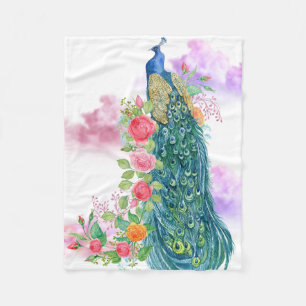 Couverture Polaire Aquarelle Peacock Plumes Art Blanche