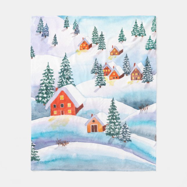 Couverture Polaire Aquarelle peinte à la main illustration de l'hiver (Devant)