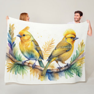 Couverture Polaire Aquarelle Peinture d'oiseaux jaunes