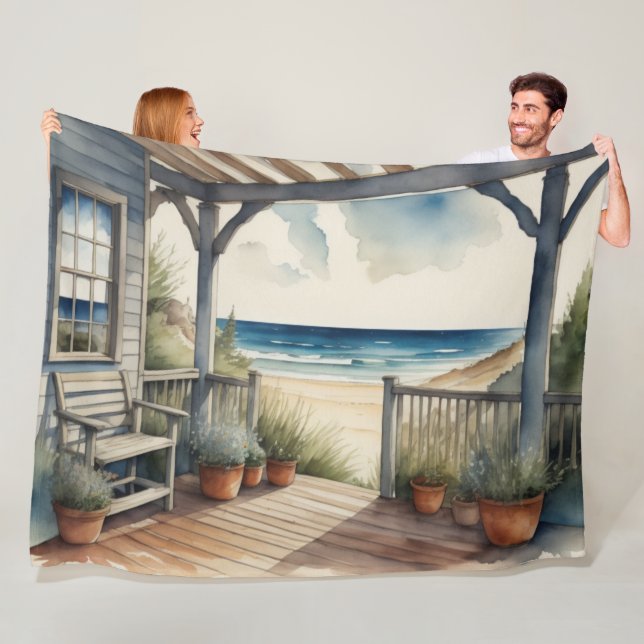 Couverture Polaire Aquarelle Peinture Ocean View Porche avant (En situation)