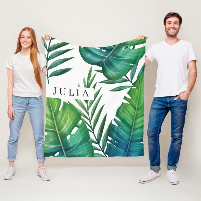Couverture Polaire Aquarelle Personnalisée Feuilles tropicaux (En situation)