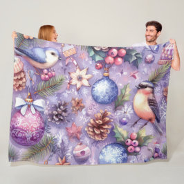 Couverture Polaire Aquarelle Purple Motifs de Noël Fêtes Oiseaux