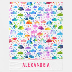 Couverture Polaire Aquarelle Rainbow Umbrellas Rainy Day Girls