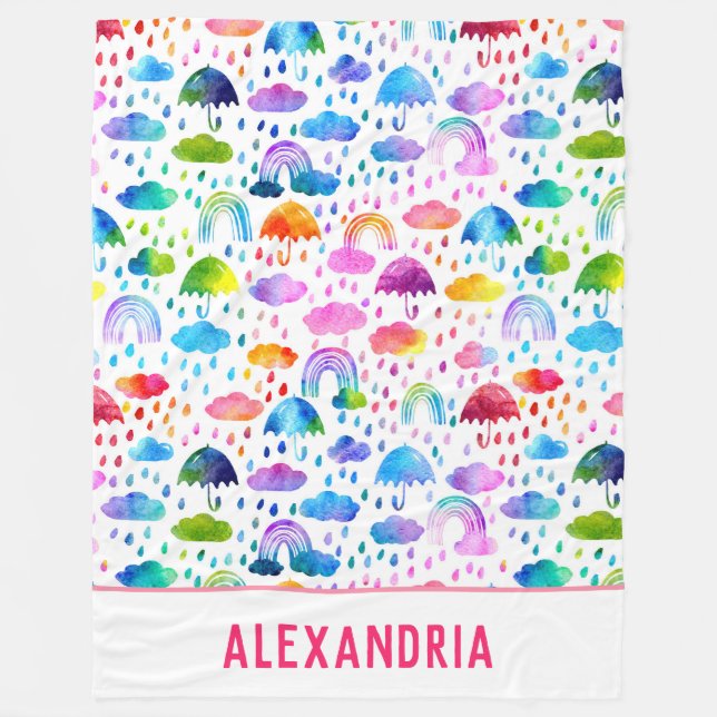 Couverture Polaire Aquarelle Rainbow Umbrellas Rainy Day Girls (Devant)