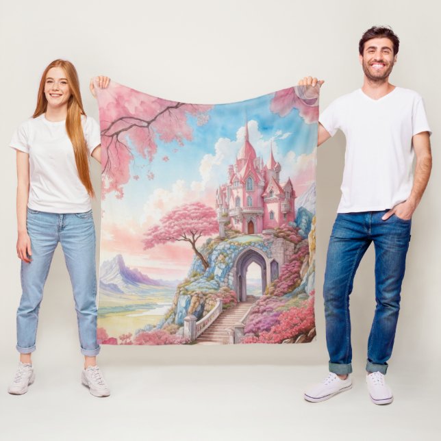 Couverture Polaire Aquarelle rose bleu Imaginaire Château (En situation)