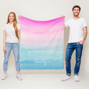 Couverture Polaire Aquarelle rose et bleu Ombre   Ajoutez votre nom