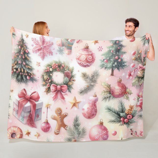 Couverture Polaire Aquarelle rose et vert Motifs de Noël Collage (En situation)