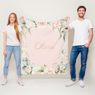 Couverture Polaire Aquarelle rose Floral Nom bébé fille