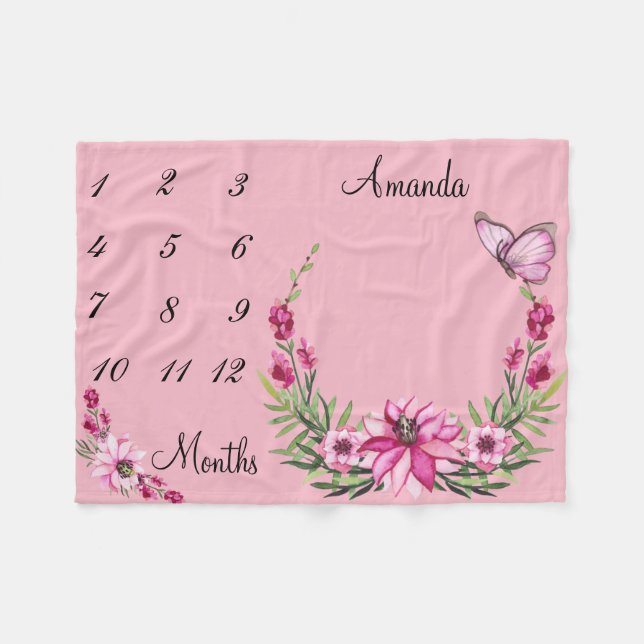Couverture Polaire Aquarelle rose Milestone Wreath Baby Keepsaké (Devant (Horizontal))