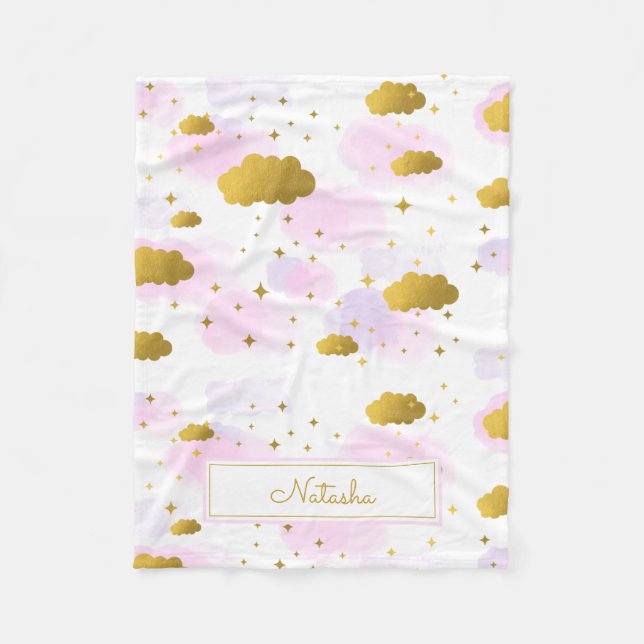 Couverture Polaire Aquarelle rose Nuages Gold Stars Sky (Devant)