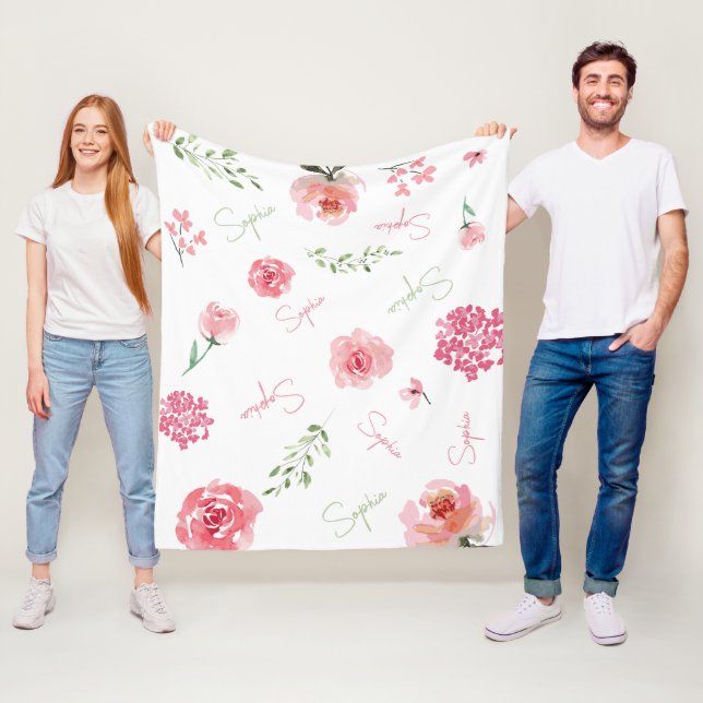 Couverture Polaire Aquarelle rose vert Boho florale personnalisée (En situation)