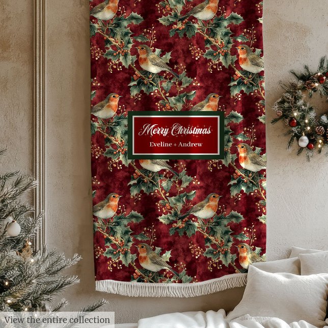 Couverture Polaire Aquarelle rouge rouge rouge profond blanc (Watercolor Christmas robin deep red muted blanket)