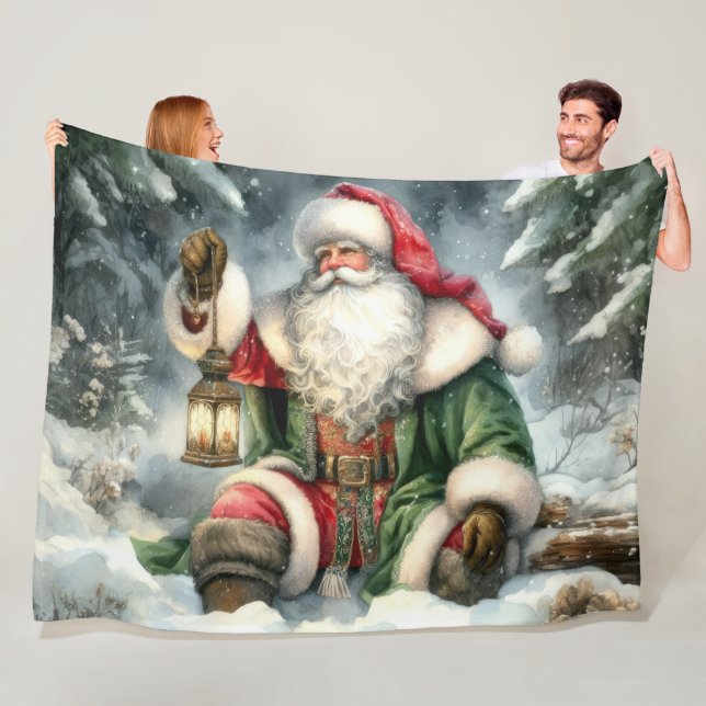 Couverture Polaire Aquarelle Santa Claus Noël Neige Forêt (En situation)