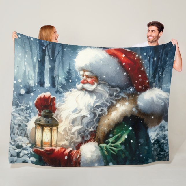 Couverture Polaire Aquarelle Santa Claus Noël Neige Forêt (En situation)