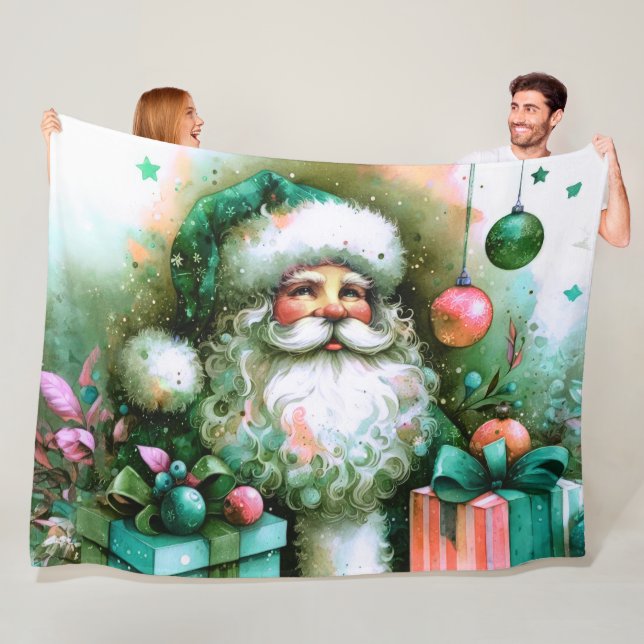 Couverture Polaire Aquarelle Santa Claus Pink Green Cadeaux (En situation)
