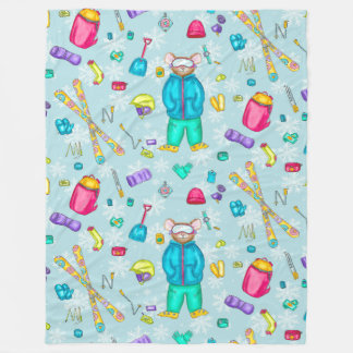 Couverture Polaire Aquarelle Ski Pika avec engrenage sur la neige ble