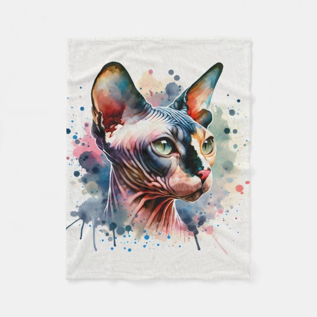 Couverture Polaire Aquarelle Sphynx Chat Portrait Artistique (Devant)