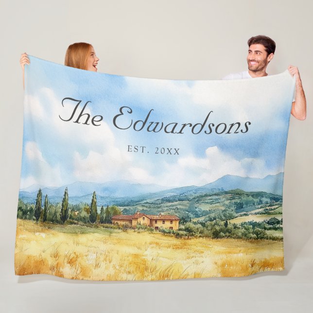 Couverture Polaire Aquarelle Toscan Méditerranée Nom de famille (En situation)