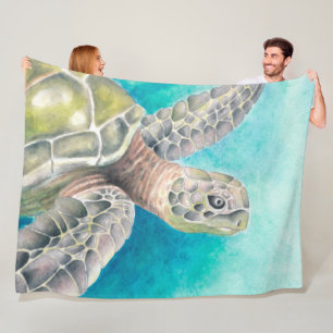Couverture Polaire Aquarelle verte de la tortue marine