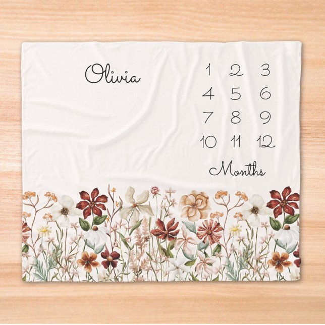 Couverture Polaire Aquarelle Vintage Fleur sauvage bébé jalon (Close up)