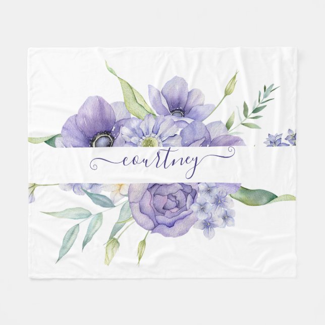 Couverture Polaire Aquarelle violette florale personnalisée (Devant (Horizontal))