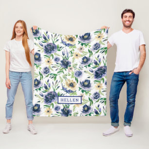 Couverture Polaire Aquarelles violet bleu & fleurs jaunes motif