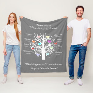 Couverture Polaire Arbre grand-mère (coeurs), 8 noms et dates blancs