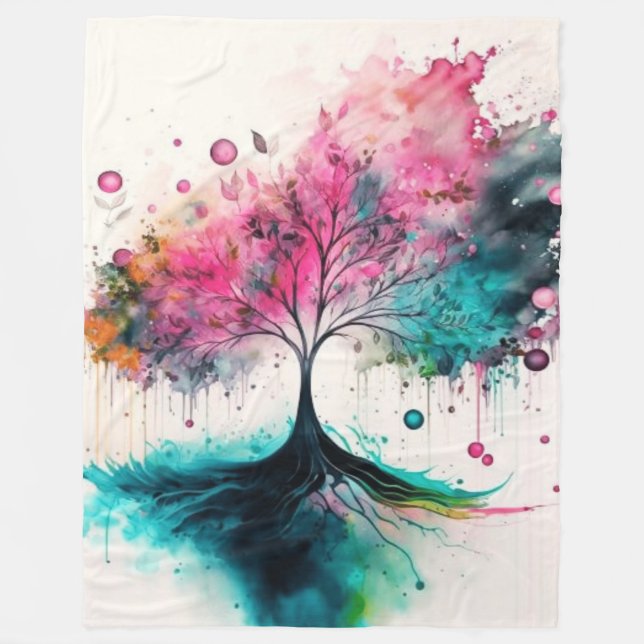 Couverture Polaire Arbre mystique moderne & gras (bleu, rose, orange) (Devant)