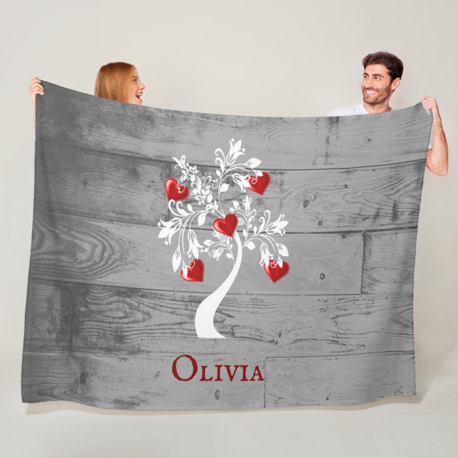 Couverture Polaire Arbre rouge des coeurs Blanche polaire personnalis (En situation)