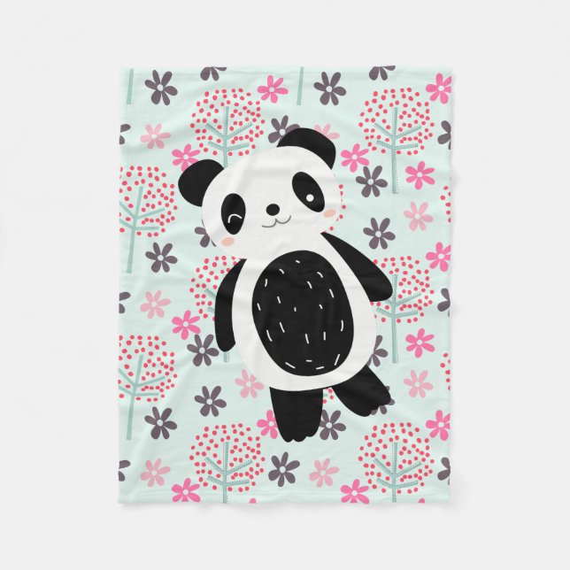 Couverture Polaire Arbres, fleurs et ours de panda (Devant)