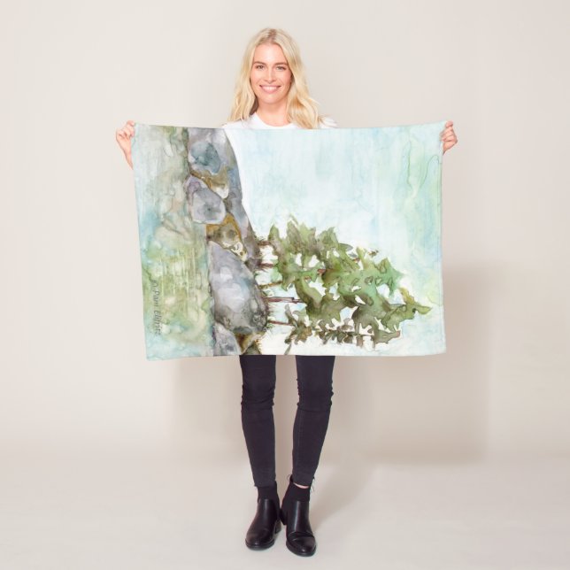 Couverture Polaire Arbres sur rochers Aquarelle de BWCA Canoe Country (En situation)