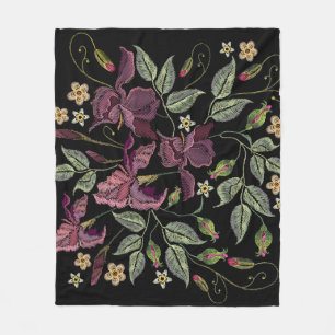 Couverture Polaire Arrière - plan noir Irises pourpres brodé.