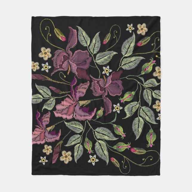 Couverture Polaire Arrière - plan noir Irises pourpres brodé. (Devant)