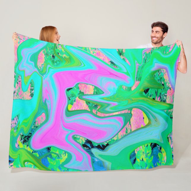 Couverture Polaire Art Liquide rose et bleu clair rétro sur Hydrangea (En situation)