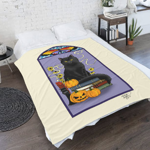 Couverture Polaire Art Nouveau Chat Noir Citrouille Violet Automne Ja