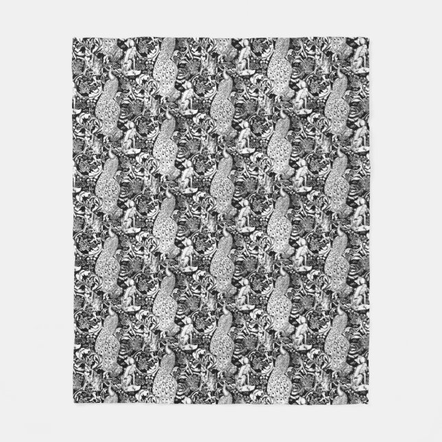 Couverture Polaire Art Nouveau Peacock Print, noir et blanc (Devant)
