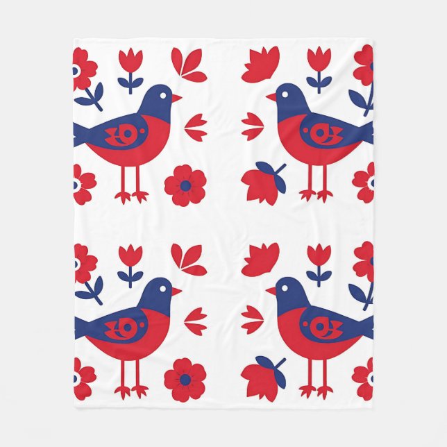 Couverture Polaire Art populaire motif floral oiseau rouge bleu (Devant)