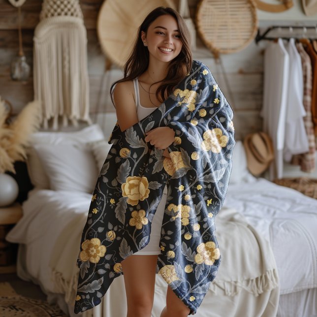 Couverture Polaire Automne Art Nouveau Vin Floral Jaune (Créateur téléchargé)