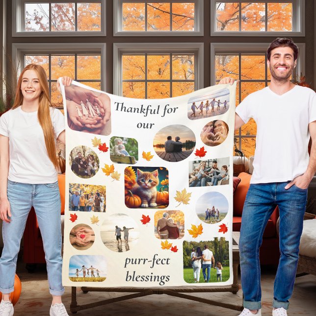 Couverture Polaire Automne Kitten 13 Photo Collage Thanksgiving Chat (Thanksgiving autumn ginger kitten cat theme home decor blanket housewarming gift leaf photo collage)