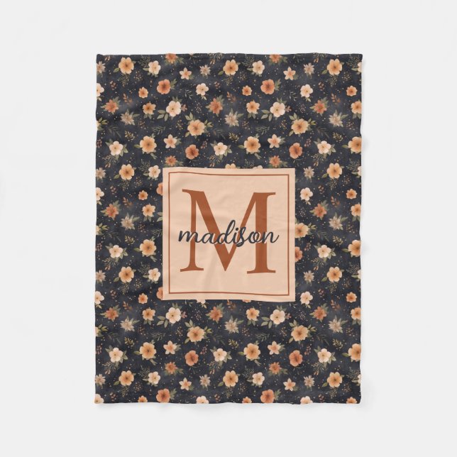 Couverture Polaire Automne Sombre Moody Terracotta Floral Monogramme  (Devant)