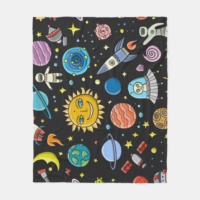 Couverture Polaire Aventure spatiale : planètes, motif de fusées. (Devant)