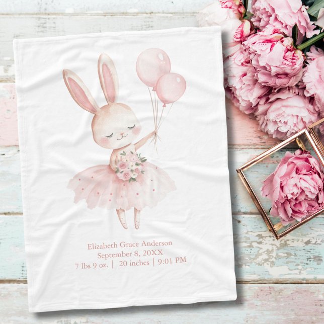 Couverture Polaire Ballerina rose Bunny statistiques de naissance béb (Pink Bunny Ballerina with Pink Flowers and Balloons Birth Stats Baby Girl Baby Blanket)